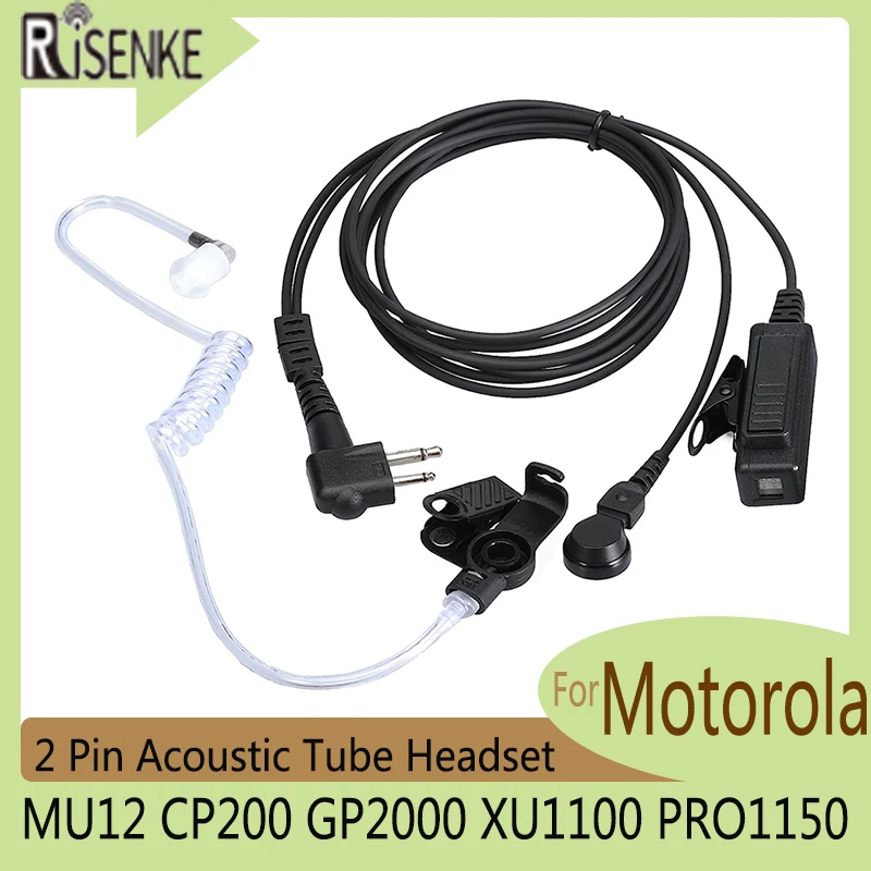 RISENEK MU12 CP200 GP2000 XU1100 PRO1150 Earpiece for Motorola Walkie Talkie 2 Pin Acoustic Tube Headset with Mic and PPT