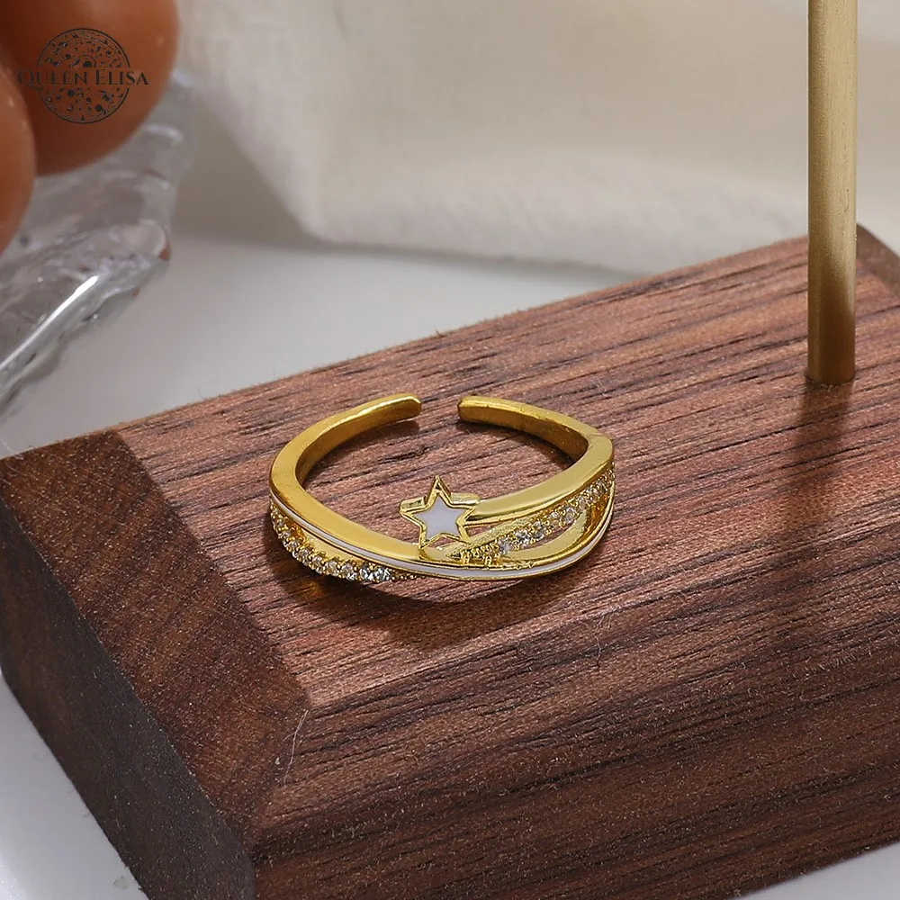 

Vintage style star shape open ring female copper material inlaid zircon adjustable heart shape ring