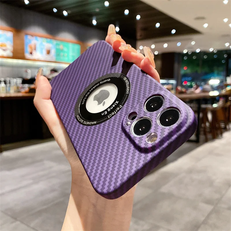 

Luxury Ultra Thin Carbon Fiber Logo Hole Case For iPhone 14 13 12 11 Pro Max Plus Magsafe Magnetic Wireless Charging Phone Cover