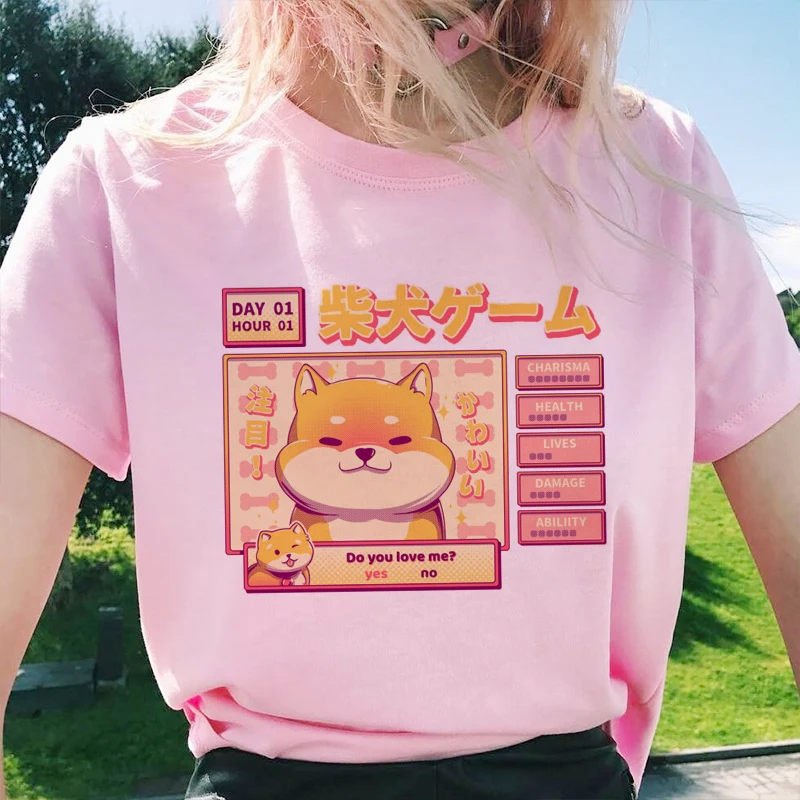 

Fashion Yellow Fortune Dog Graphic Print T-shirt Women Harajuku Aesthetic Kawaii Tshirt Tee Pink Top Korean Style Female T Shirt