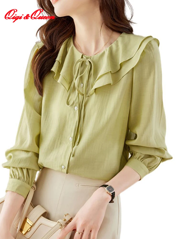 

Женская шифоновая блузка Qiqi & queen, элегантная зеленая винтажная блузка с длинным рукавом, Повседневная офисная рубашка в Корейском стиле, осень 2023