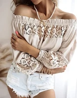 sexy off shoulder frill hem lace patch lantern sleeve top women 2022 spring summer office lady casual loose top for women