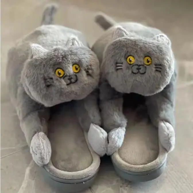 

Hot Full Covered Cartoon Cat Slippers Warm Winter Slides Soft Plush Doll Indoor Cute Anime Bedroom Shoes For Man Woman Home Use