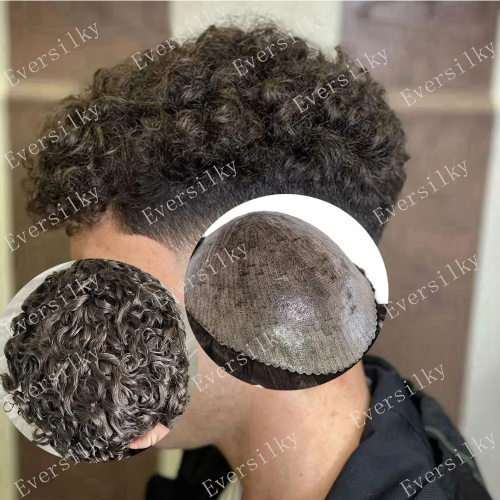 

20MM Curly Men's Wigs Super Durable Thin Skin Human Hair Replacement System Capillary Prosthesis Injected Technical Toupee Black