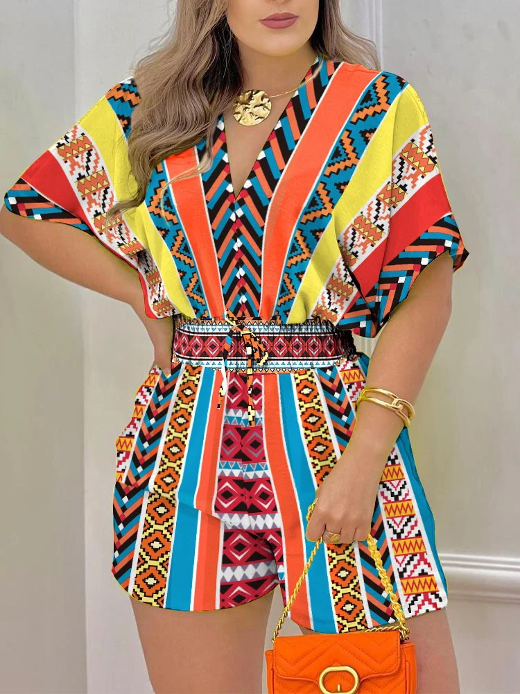 Women's V-neck short sleeved jumpsuit, lace elastic waist set, printed casual wear, 2023 shorts
