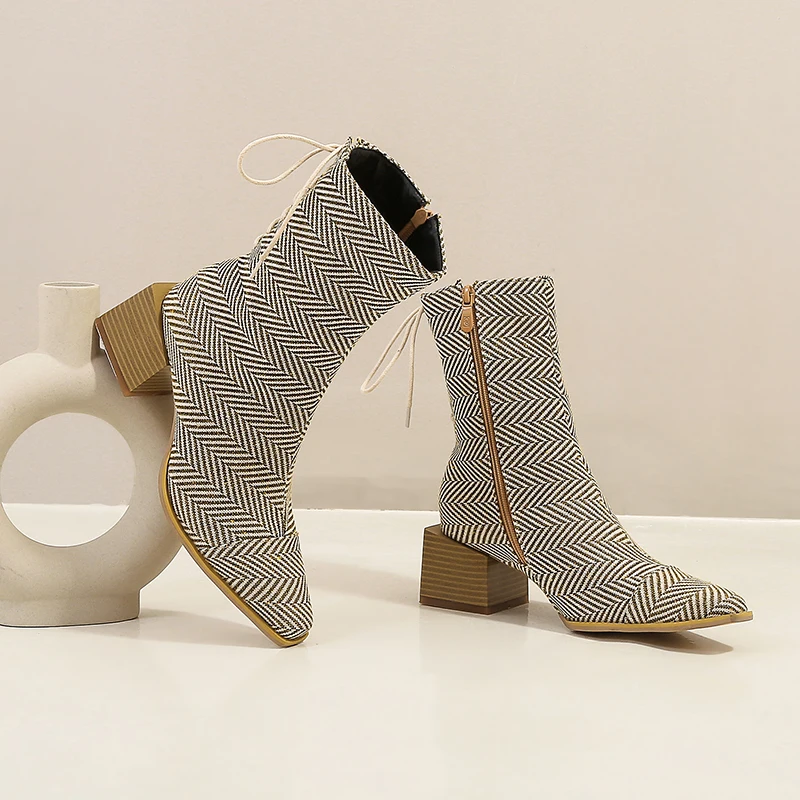 Женские ботильоны на молнии теплые плюшевые ботинки с квадратным каблуком длина