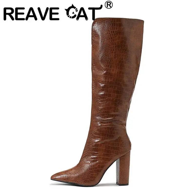 

REAVE CAT Knee High Boots Shaft 37cm Pointed Toe Block Heels 10.5cm Zipper Plaid Splice Boots Opening 33cm Big Size 35-42 S4099