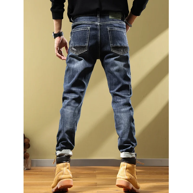Streetwear Men 2022 Autumn Winter Splicing Color Contrast Jeans Men's High Street Fashion Elastic Patch Loose Oversize Pants