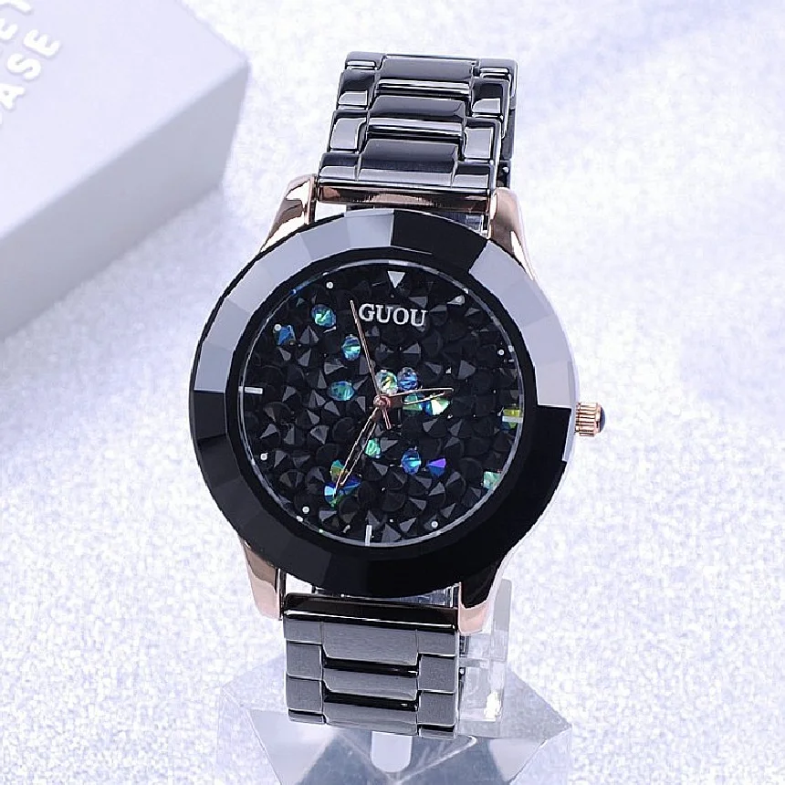 

High Quality Fashion Guou Brand Black Stainless Steel Watch Really Personality Rhinestone Full Diamond Lady Luxury Woman Watch