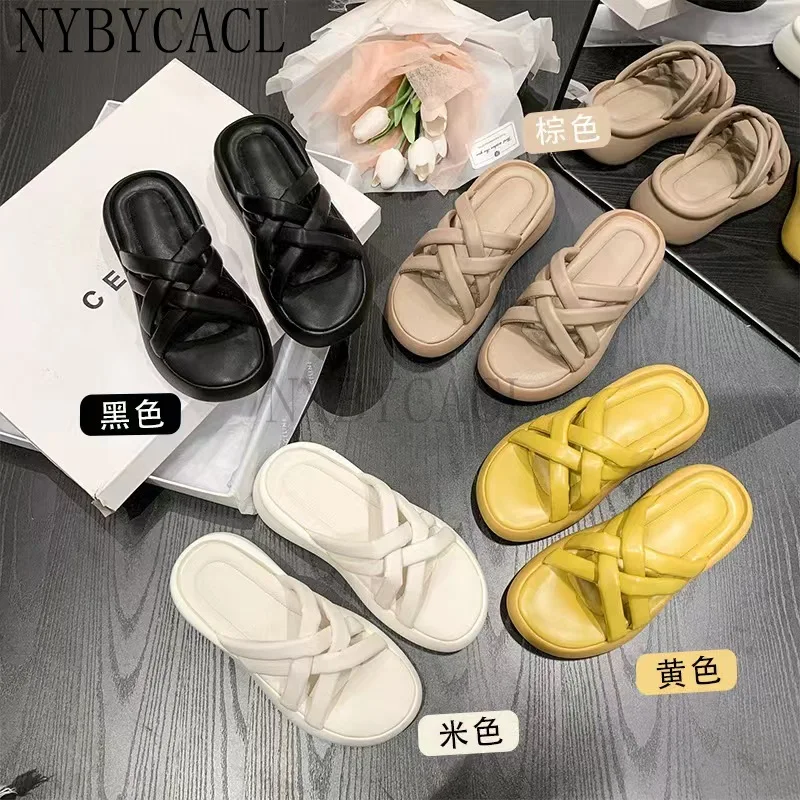 Women Real Leather Slippers Platform Solid Color Casual Outdoor Summer Sandals Fashion Ladies Footwear Size 35-40 Beach Slipper