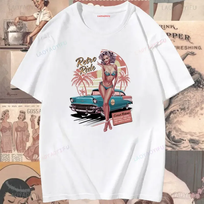Фото Retro Ride Car Pin-up Girls Graphic T Shirts Summer Beach Heat Coconut Trees Woman Vintage Cotton T-shirt Man Outdoors Tops Tee №2