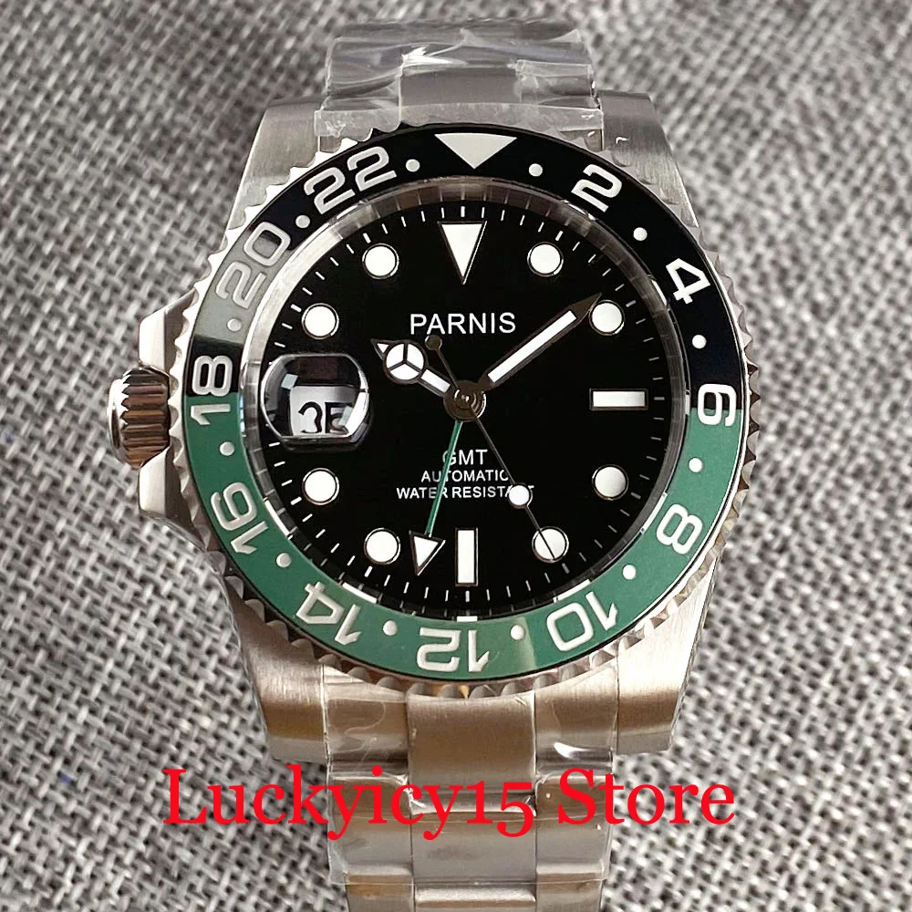 

Мужские часы PARNIS с левой ручкой, 40 мм GMT, черный циферблат, стальной браслет, сапфировый кристалл, корона на 9 часов