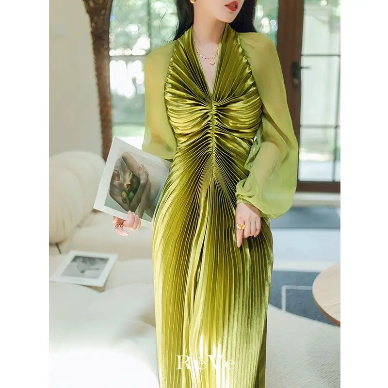 Elegant Solid Color Wrap Dress for Women V Neck Long Sleeves Office Lady Ankle Length A Line Pullover All Match Vestidos M793