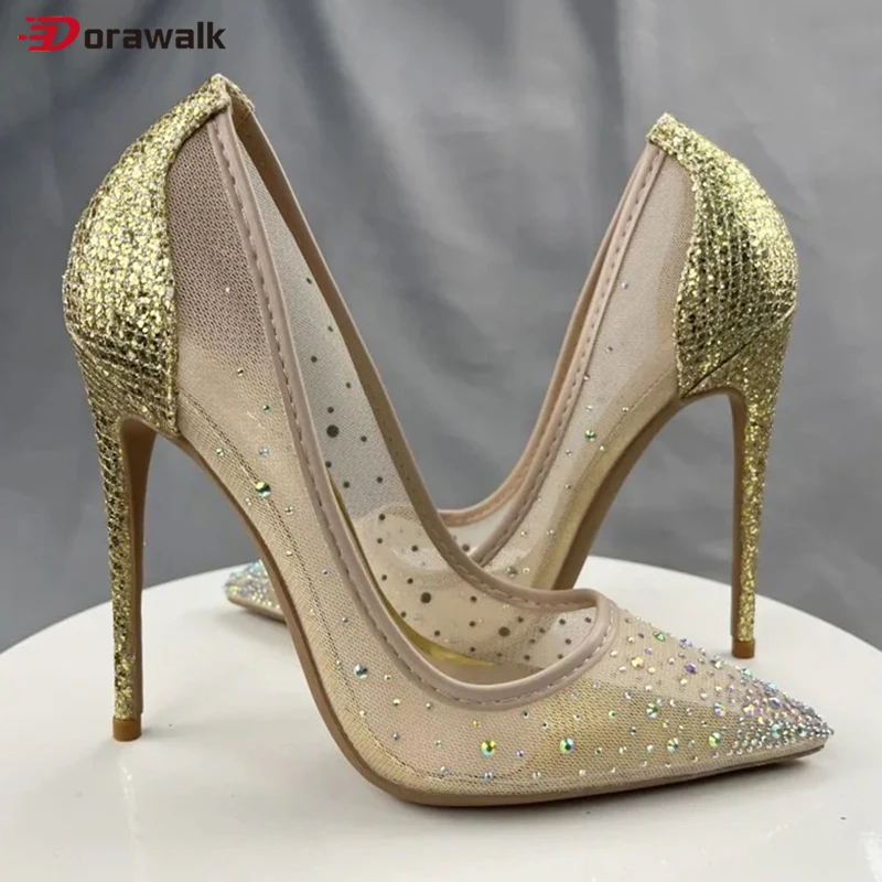 

Женские сетчатые туфли-лодочки, привлекательные туфли на очень высоком каблуке 12 см, блестящие туфли с острым носком и кристаллами, марлевые свадебные туфли для подружек небольшого размера 33