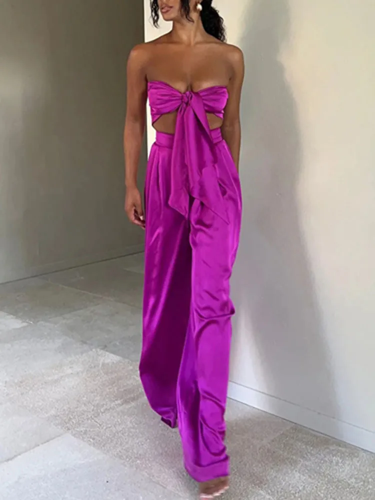 

Bow Knot Slim Waist Long Wide Leg Pants Casual Suit Ladies Sexy Suit Fashion Solid Tube Top + Wide Leg Pants Two Piece 2022 New
