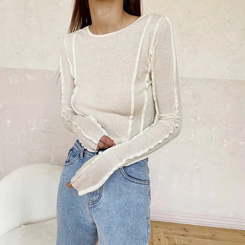 

Bodycon White O-Neck Women's T-Shirt 2023 Elegant Yellow Long Sleeve Fall Tee Shirt Casual Slim Tops Female Clothing