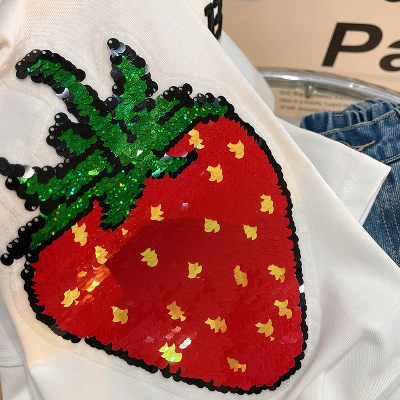 MILA CHOU 2022 Summer Baby Girls Cotton Change Colour Strawberry T-shirt Children Casual Short-sleeve O-neck Tee Kids Clothes