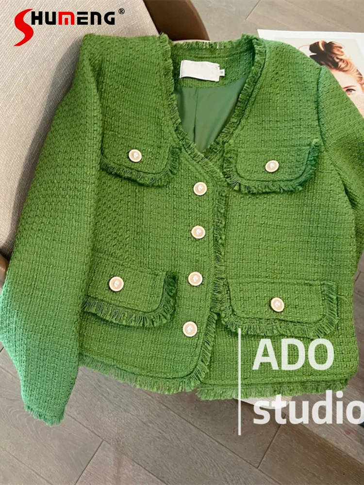 Elegant Green Tweed Coat for Women 2022 Autumn New High Class French Frayed Socialite Slimming Long Sleeve Buttons Jacket Female