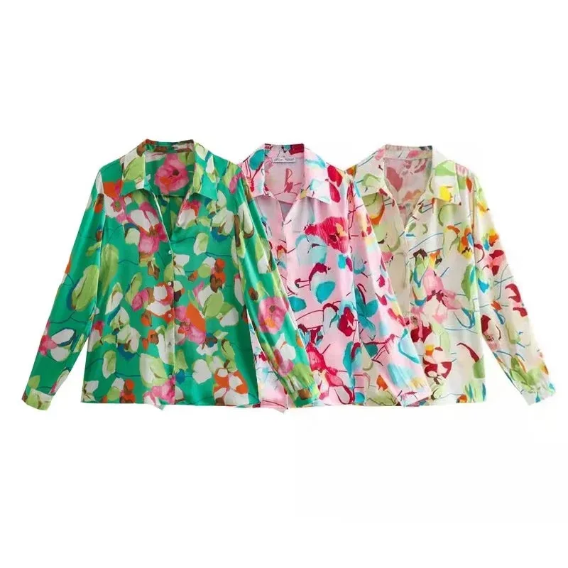 RDMQ Women Fashion Floral Print Loose Satin Shirts Vintage Long Sleeve Button-up Female Blouses Blusas Chic Tops