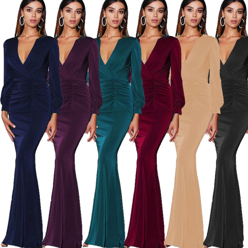 

Purple Mermaid Evening Dress Women Spring Autumn Sexy Deep V-Neck Long Sleeve Ruched Bodycon Long Dress Woman Party Maxi Dresses