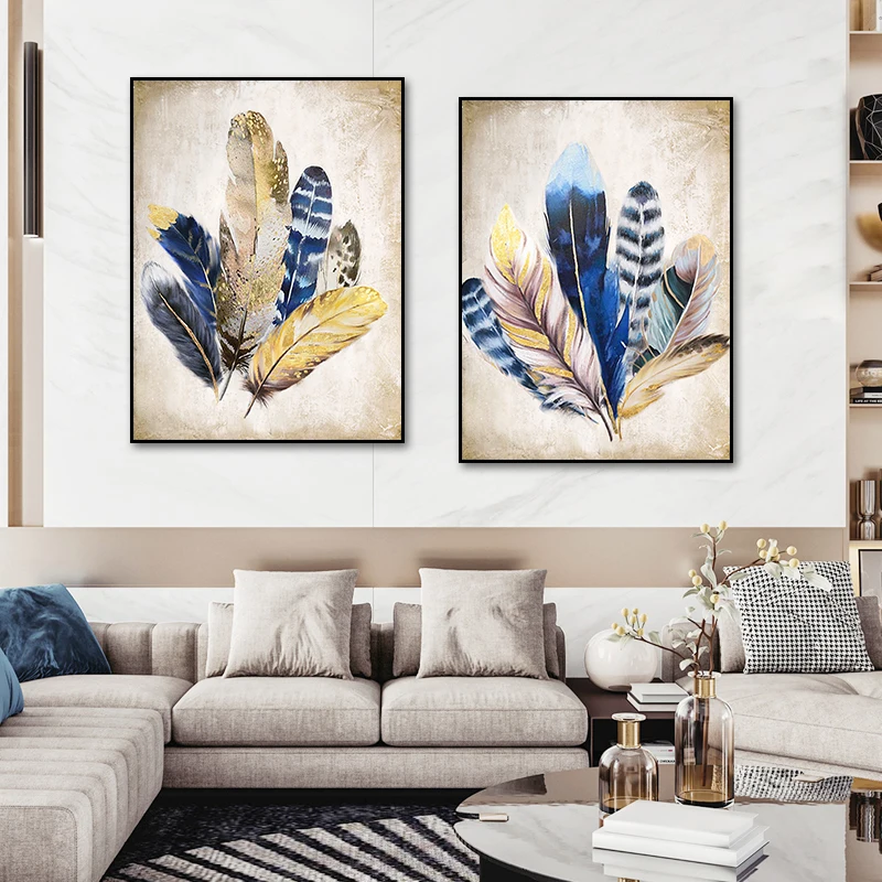 

Retro Blue Gold Feather Canvas Painting Posters and Prints Vintage Wall Art Pictures for Living Room Home Decorative No Frame