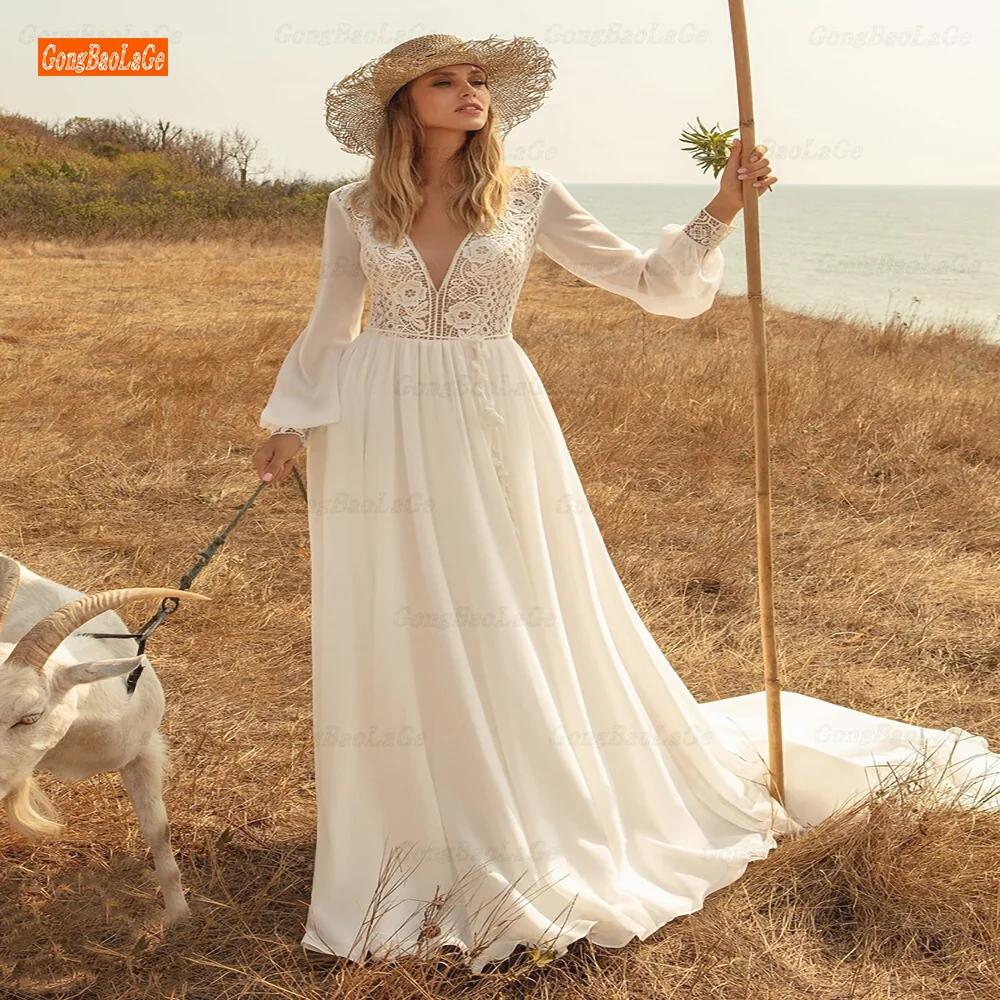 Купи Country Beach Bohemian Outdoor Wedding Dress V Neck White Lace Chiffon 2022 Custom Long Sleeve Photography Wedding Dress за 5,552 рублей в магазине AliExpress