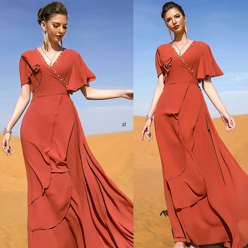 Abaya Arabic Muslim Women Chiffon Long Dress Solid Rhinestone Party Gown Islamic Short Sleeve Robe Middle East Ramadan Fashion