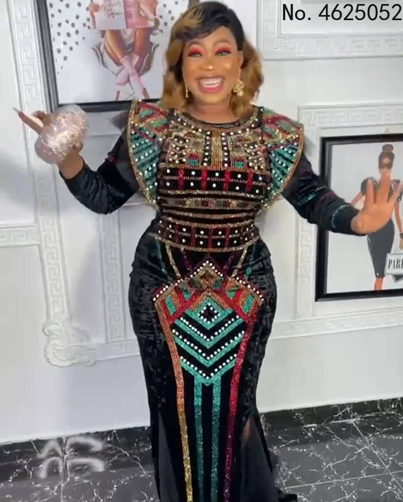 

New Winter Women Bazin Rich African Ethnic Printed Rhinestone Dress Autumn Velvet Fashion Exotic Party Maxi Dresses For Women