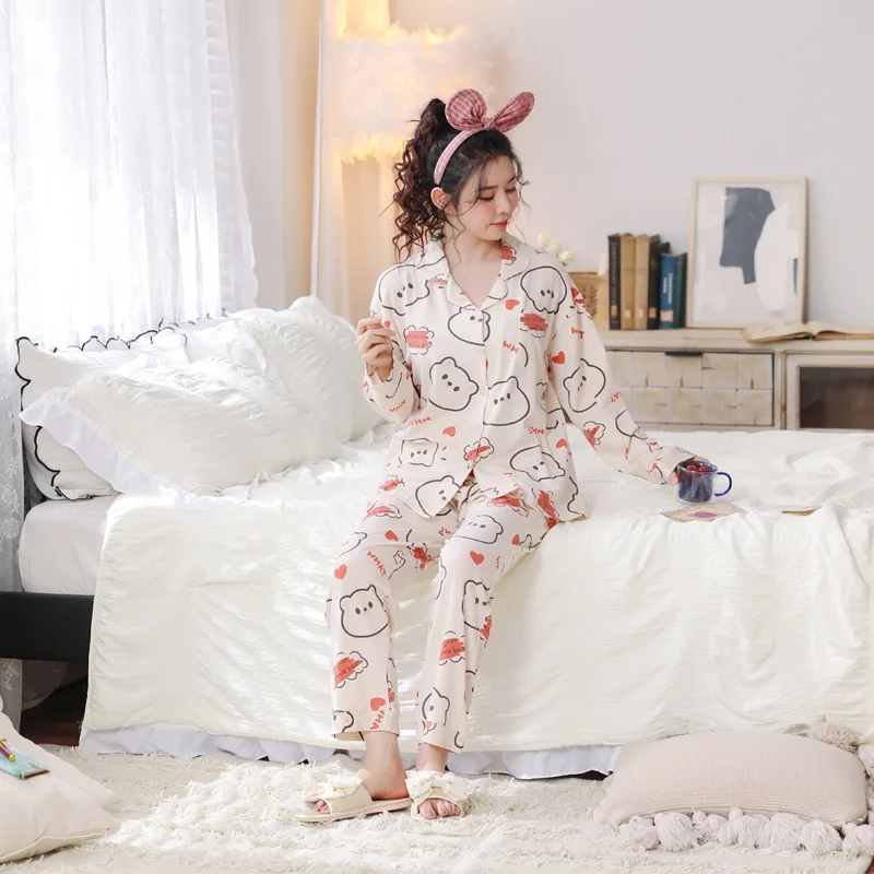 Yasuk Spring Autuum Fashion Women's Casual Print Pocket Sleepwear Homewear Cute Lovely Pajamas With Pants Soft Many Bear