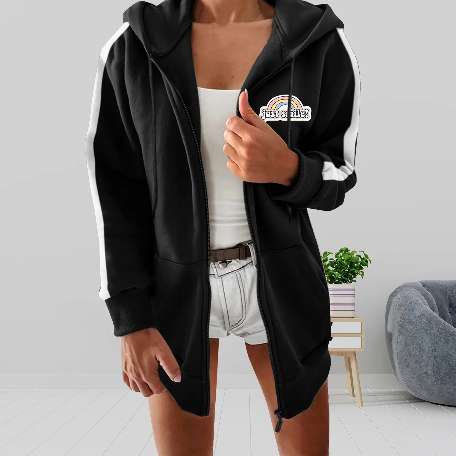 

Customs for Women Ladies Autumn Winter Casual Loose Fleece Hooded Zippered Long Sleeve Printed Jacket Coat