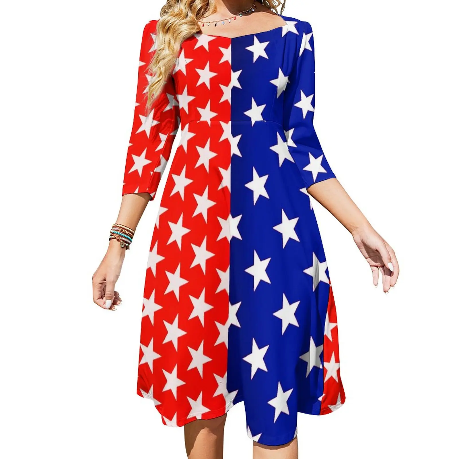 

Платье женское двухцветное с квадратным вырезом, повседневное модное пикантное уличное, с рисунком звезд, красное, синее, большие размеры 5XL 6XL, на лето