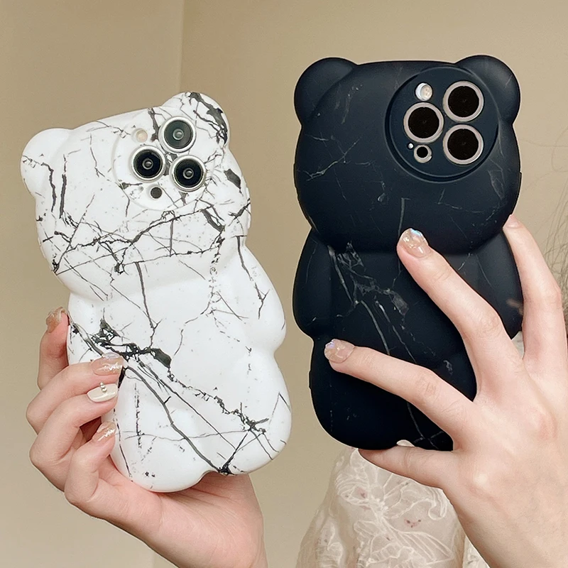 Cute 3D Marble Texture Bear Phone Case For iPhone 13 12 11 Pro Max XS X XR 13Pro Soft Silicone Shockproof Protection Back Cover