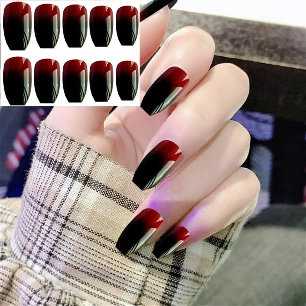 

24Pcs Black-Red Gradient False Nails Long Ballerina Square Coffin Shaped Fake Nail Manicure With Glue