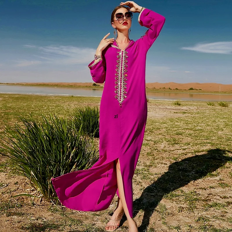 Navy Blue Arabian Fashion Hand Beaded Pleated Elegant Long Dress 2022 New Fashion Ramadan Dresses Muslim Dubai Abaya Middle East