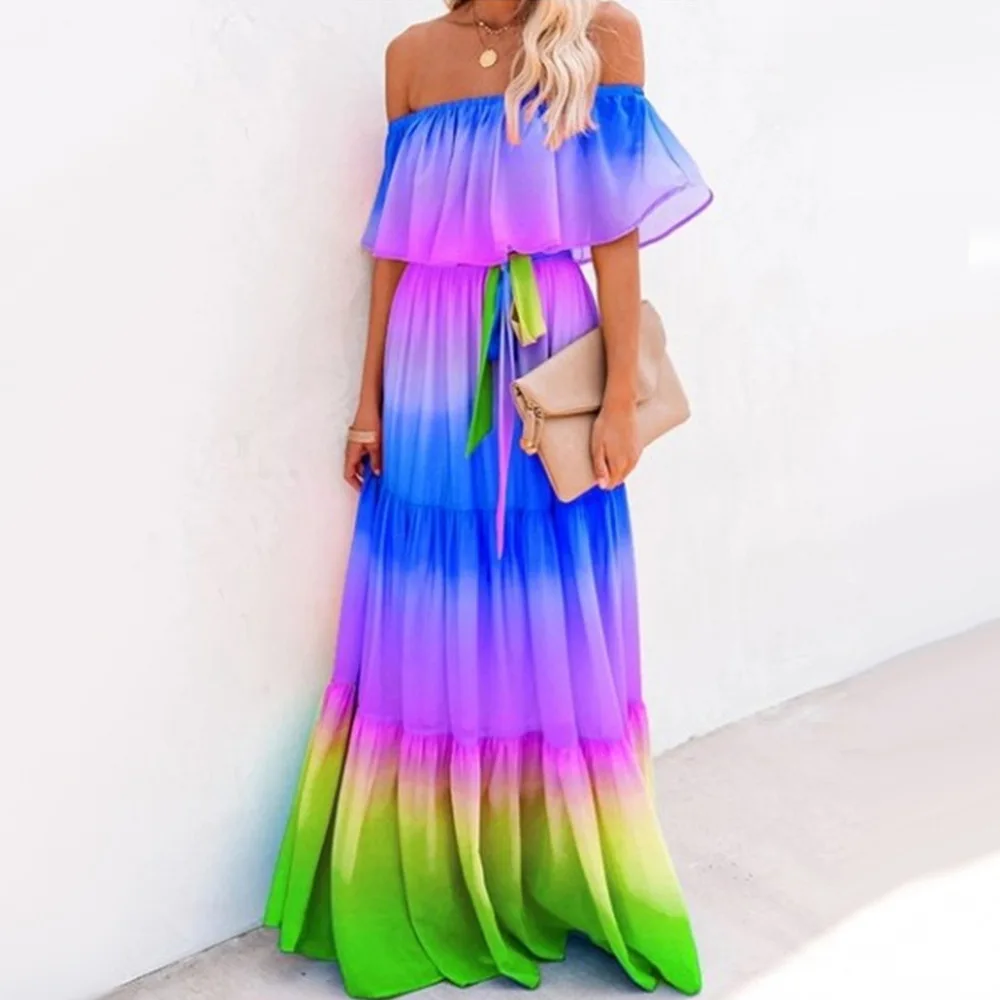 

2022 Multicolor Bikini Cover-Ups Strapless Loose Summer Maxi Dress Women Plus Size Beachwear Swimsuit Cover Up Sarongs Rainbow