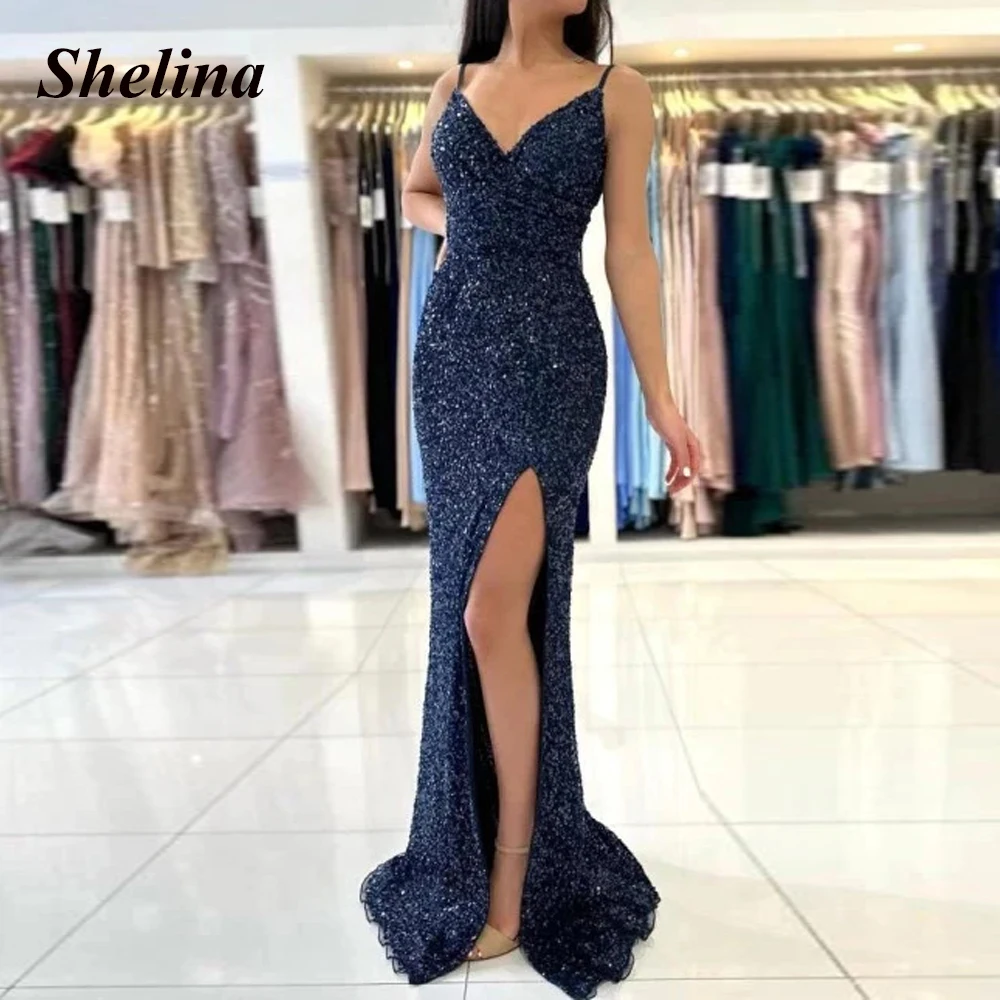 

Shelina Simple Slit Prom Dresses For Women 2023 Sequins V-neck Spaghetti Strap Backless Mermaid Vestido De Noche Customized