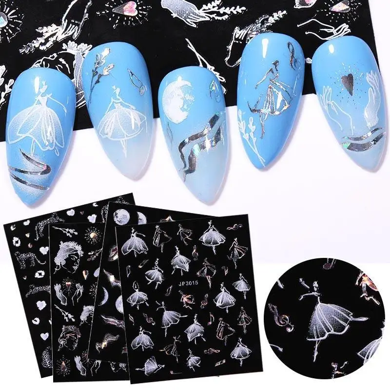 

Hot Selling New Style Black and White Leaves Starry Sky Snowflake Character Back Glue Nail Sticker Decoration Manicure