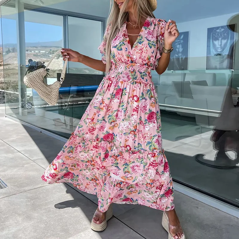

Женское длинное платье с цветочным принтом, элегантное короткое богемное платье с V-образным вырезом и оборками, повседневные плиссированные пляжные платья с высокой талией для весны и лета