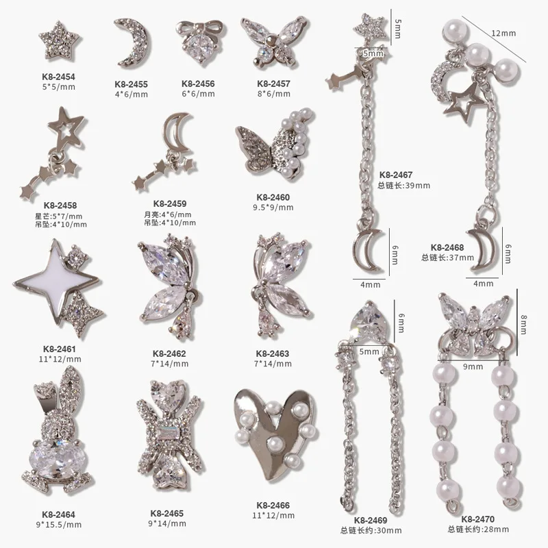 

3PCS Nail Art Silver Zircon Star Moon Love Pearl Rabbit Butterfly Chain Nail Decoration