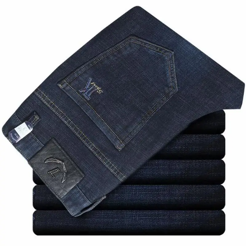 

New Spring Winter Middle-Aged Men's Business Jeans Straight Pants Leisure High Waist Stretch Pants