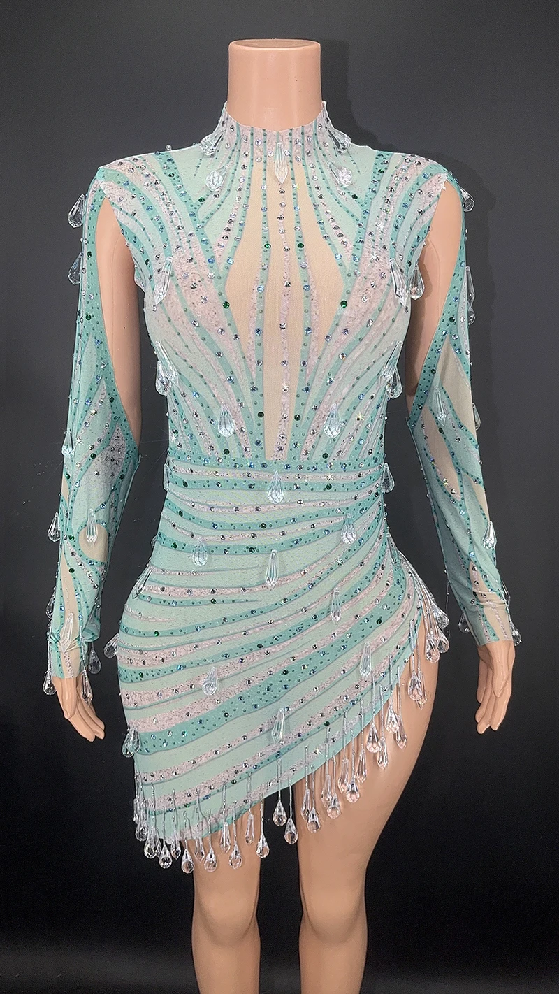 Gaun Malam Kristal Perjamuan Pesta Kostum Panggung Penyanyi Berlian Imitasi Melar Multistv Pakaian Drag Queen