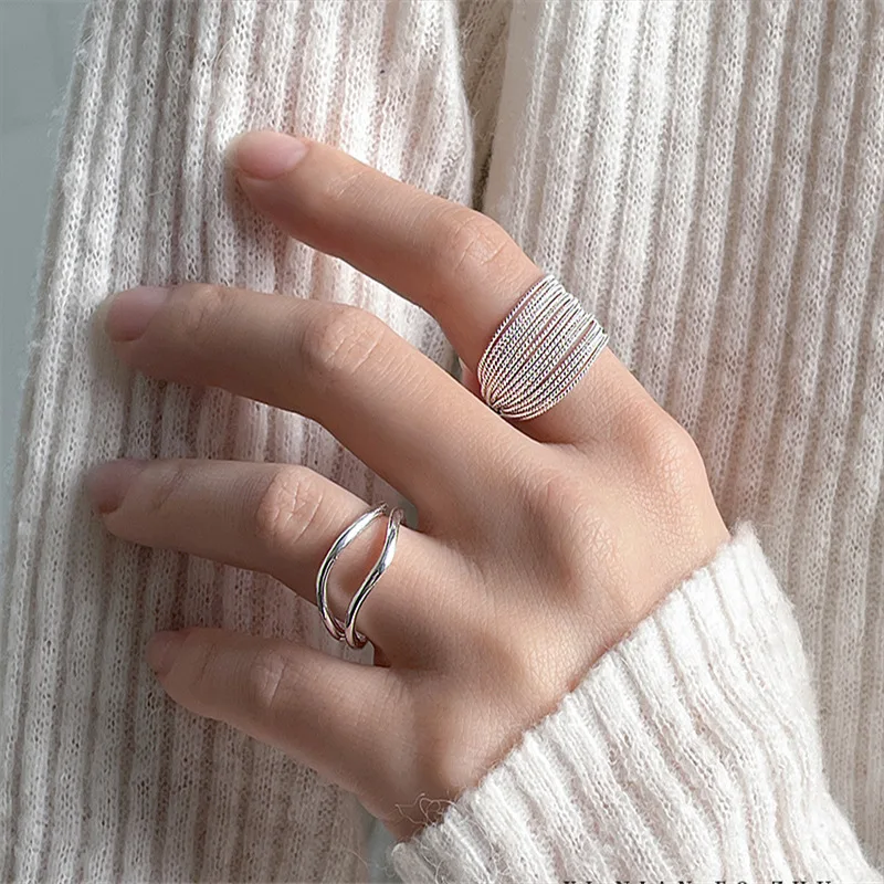 

925 Sterling Silver Unique Line Women's Ring Jewelry Finger Adjustable Open Personalized Hip Hop Ring Party Birthday Gift