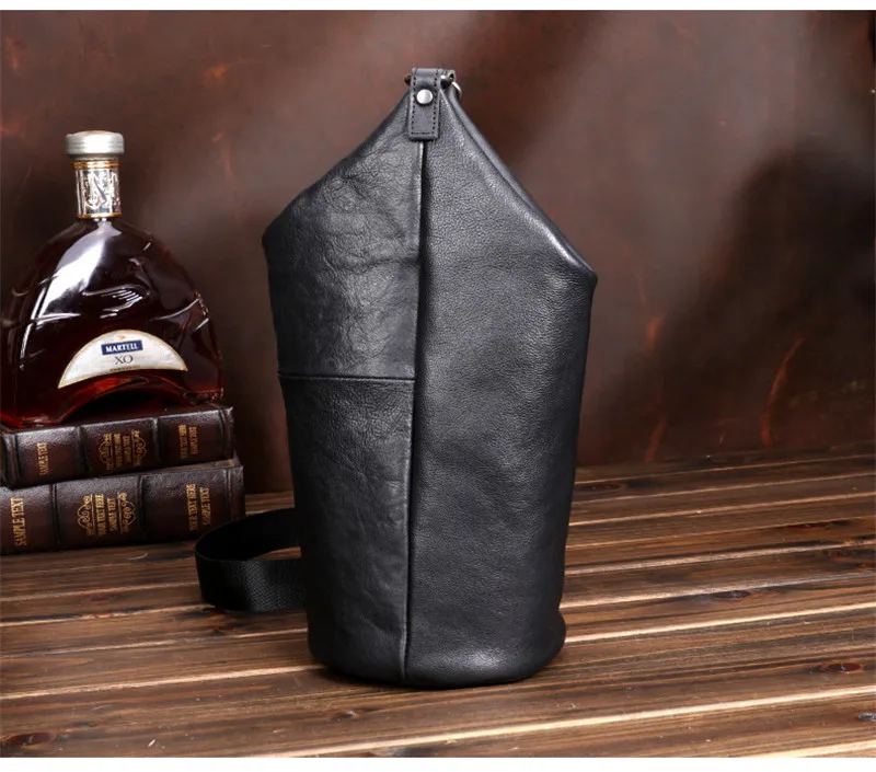 Simple Casual luxury Natural genuine Leather Men Black Bucket Bag Outdoor Daily Teen Work Weekend Party Soft cowhide Chest Bag