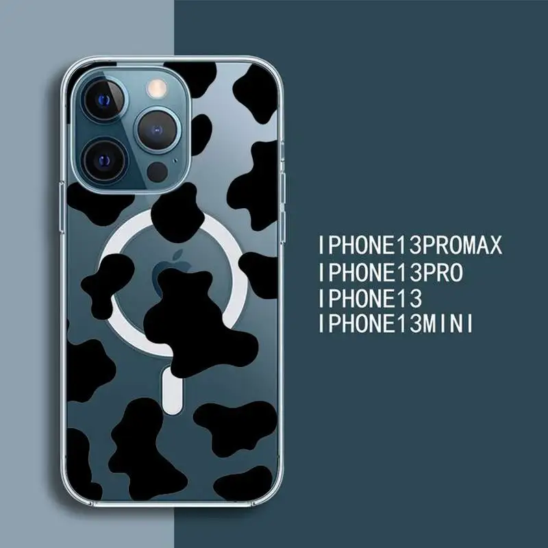 

White Black Cow Symbol Print Phone Case Transparent Magsafe Magnetic Magnet For iPhone 13 12 11 Pro Max Mini Wireless Charging