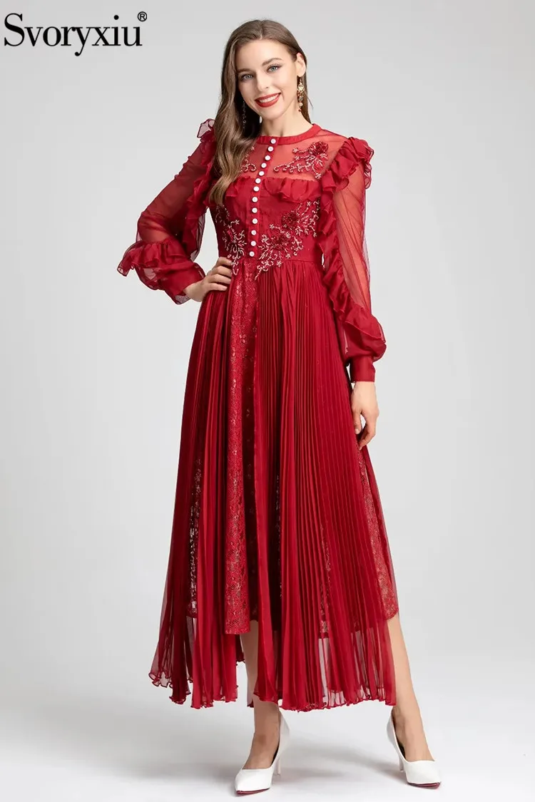 

Женское винтажное платье миди Svoryxiu, красное приталенное плиссированное платье с рукавами-фонариками и бусинами на высокой талии, лето 2019