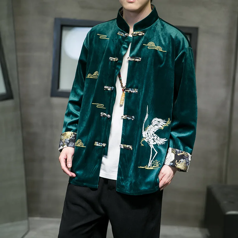 Chinese Style Men Tang Suit Embroidery Crane Hanfu Shirts Large Size Loose Corduroy Kimono Robe  Mandarin Collar Home Coat