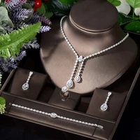 hibride long dangle drop earring necklace sets 4pcs water drop cz jewelry sets for women bridal engagement party jewelry n 1275
