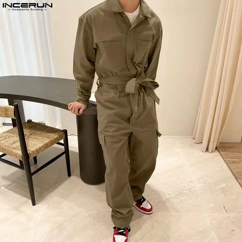 

Handsome Well Fitting Bodysuit INCERUN Men's Loose Vintage Solid Rompers Fashion All-match Long-sleeved Overalls Jumpsuits S-5XL