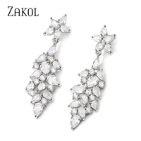 zakol new arrival fashion geometry aaa cubic zirconia drop earrings luxury flower wedding jewelry gift for women ep1065