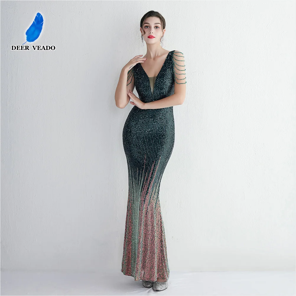 

DEERVEADO Emerald Green Sequins Evening Party Dresses Long Mermaid V Neck Gradient Color Formal Dress with Beads